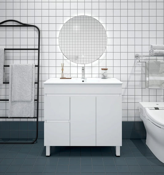 BIANCA 900mm PVC Freestanding Vanity (LHD) and (RHD) - Left-Hand Drawer / Cabinet + Ceramic Top / Legs