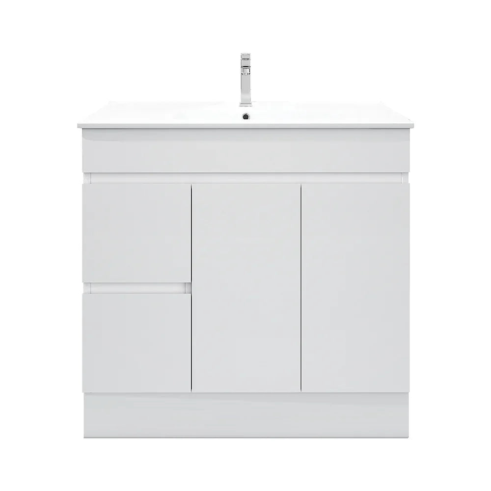 BIANCA 900mm PVC Freestanding Vanity (LHD) and (RHD) - Left-Hand Drawer / Cabinet + Ceramic Top / Kickboard