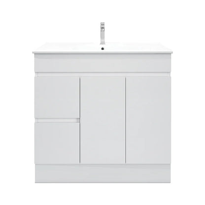 BIANCA 900mm PVC Freestanding Vanity (LHD) and (RHD) - Left-Hand Drawer / Cabinet + Ceramic Top / Kickboard