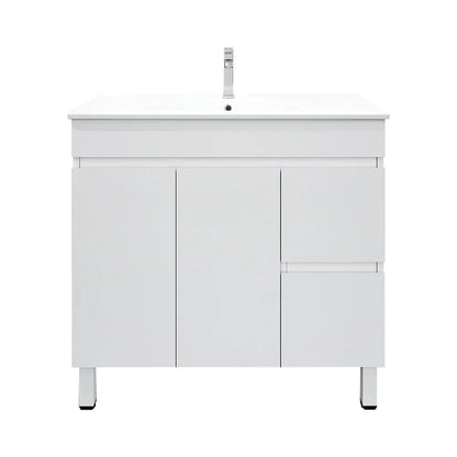 BIANCA 900mm PVC Freestanding Vanity (LHD) and (RHD) - Right-Hand Drawer / Cabinet + Ceramic Top / Kickboard