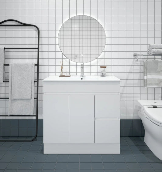 BIANCA 900mm PVC Freestanding Vanity (LHD) and (RHD) - Right-Hand Drawer / Cabinet + Ceramic Top / Kickboard