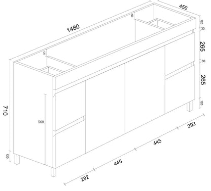 BIANCA 1500mm PVC Freestanding Vanity - 1500mm / Cabinet Only / KickBoard