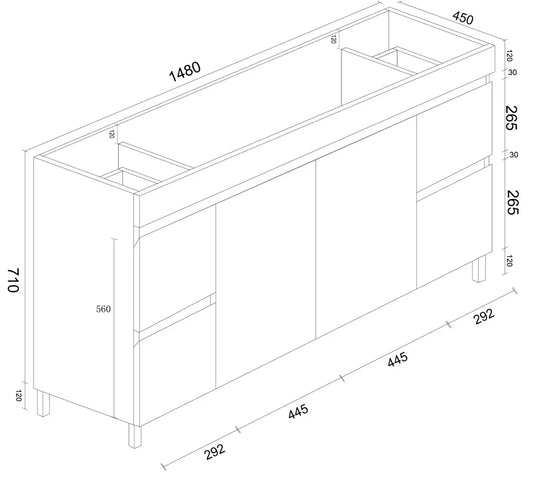 BIANCA 1500mm PVC Freestanding Vanity - 1500mm / Cabinet Only / Legs