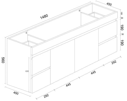 BIANCA 1500mm PVC Wall-Hung Vanity - 1500mm / Double Bowls / Cabinet + Ceramic Top