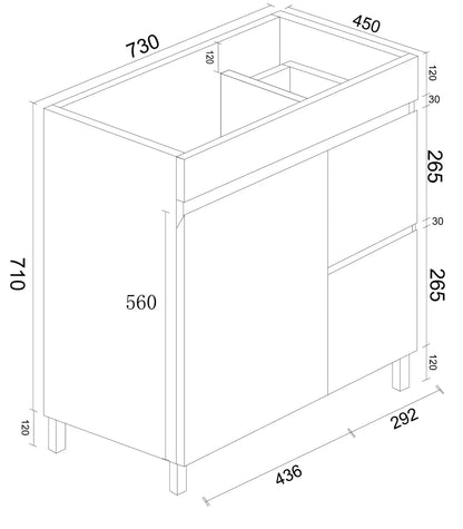 BIANCA 750mm PVC Freestanding Vanity (RHD) - 750mm / Right-Hand Drawer Cabinet + Kickboard