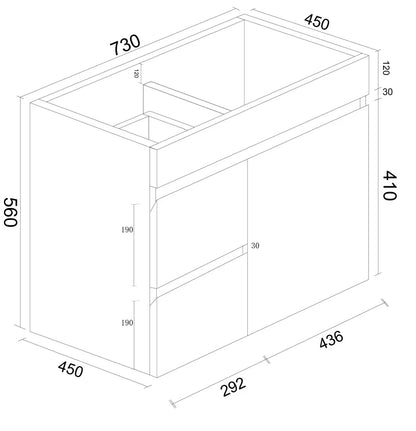 BIANCA 750mm PVC Wall-Hung Vanity (LHD) and (RHD) - 750mm / Right-Hand Drawer / Drawer Cabinet Only