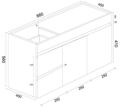 BIANCA 900mm PVC Wall-Hung Vanity (LHD) and (RHD) - 900mm / Right-Hand Drawer / Cabinet + Ceramic Top