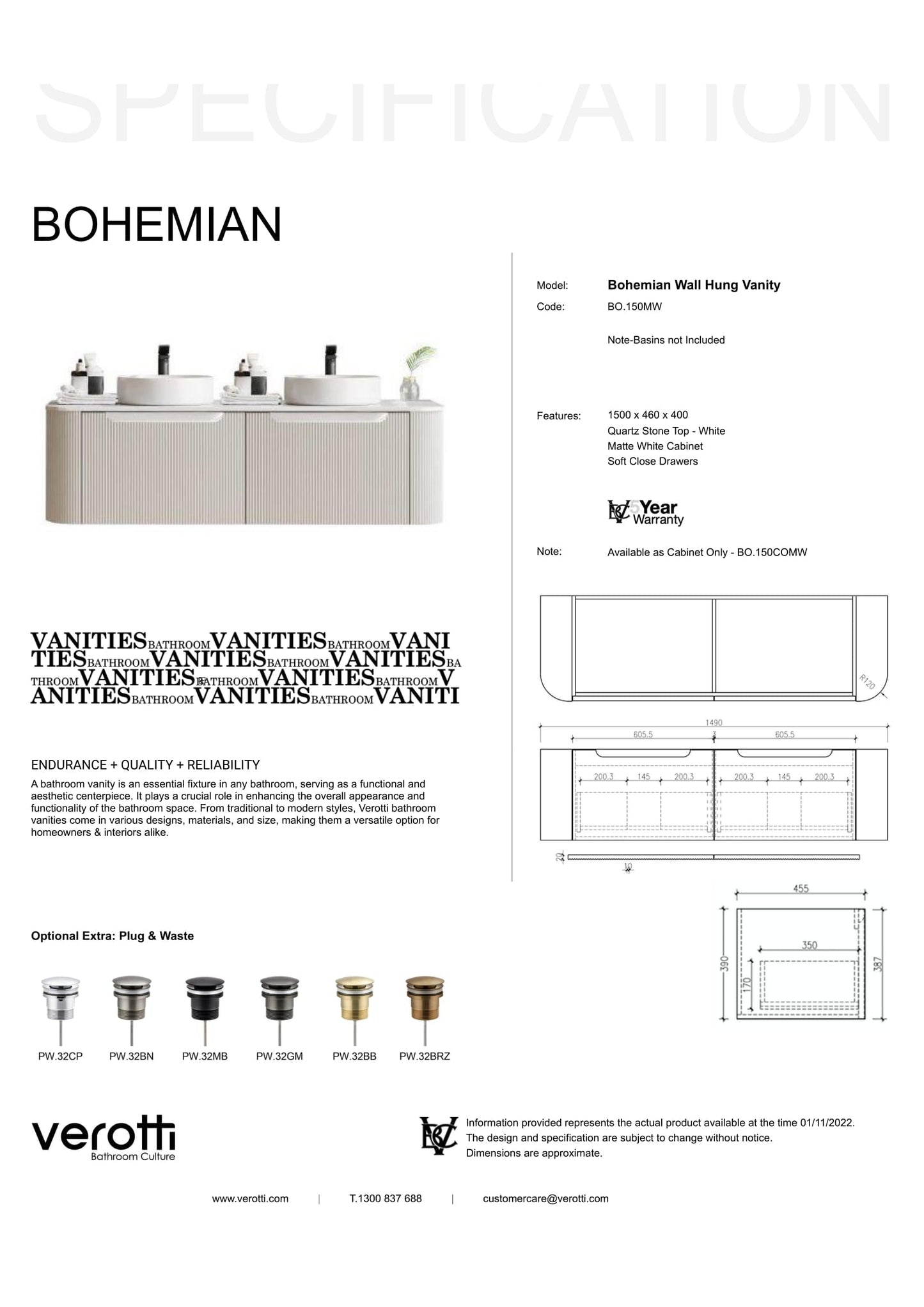 BOHEMIAN 1500 DOUBLE BOWL VANITY