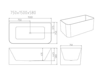 Bullion Ultra-Thin Back-to-Wall Bathtub - 1500mm / Gloss White