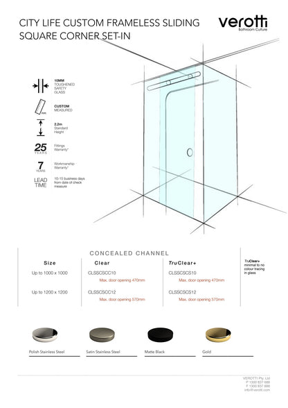 City Life Custom Frameless Sliding Series - Square Corner Set-In - Up to 1200 x 1200 / Clear / Bracket