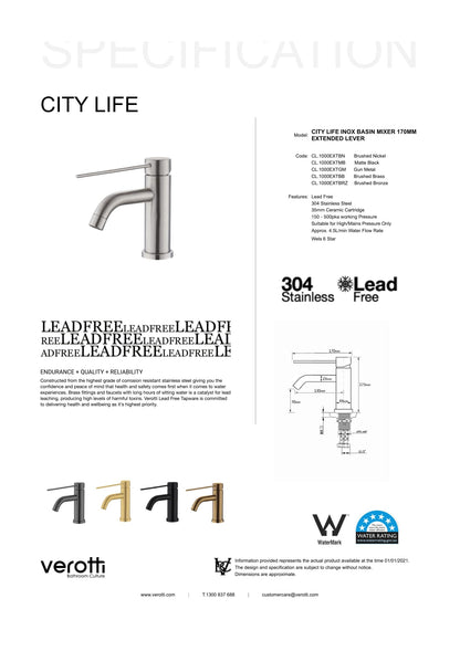 City Life Inox Care Basin Mixer 170mm Extended Lever