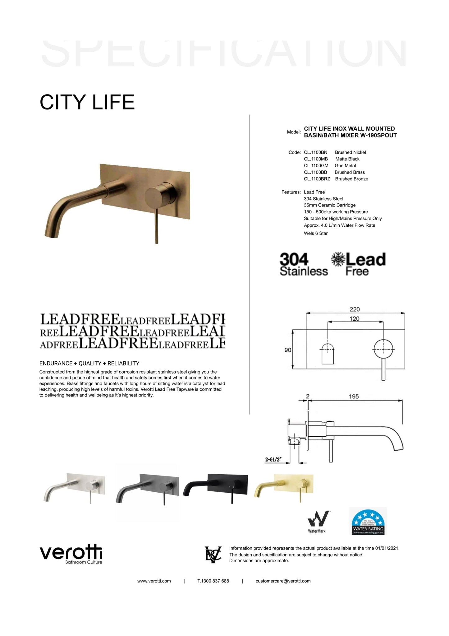 City Life Inox Wall Mounted Basin/Bath Mixer w/-190 Spout