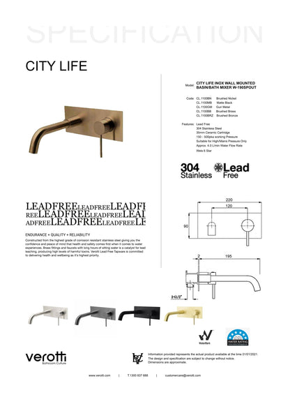 City Life Inox Wall Mounted Basin/Bath Mixer w/-190 Spout