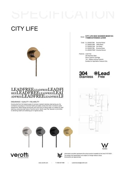 City Life Inox Care Shower Mixer W/-170mm Extended Lever