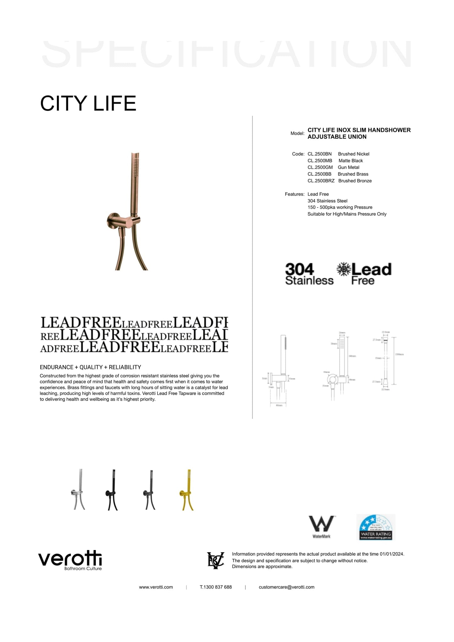 City Life Inox Slim Hand Shower With Adjustable Union