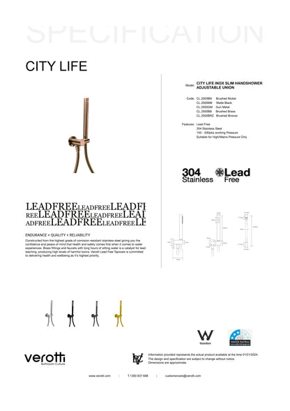 City Life Inox Slim Hand Shower With Adjustable Union