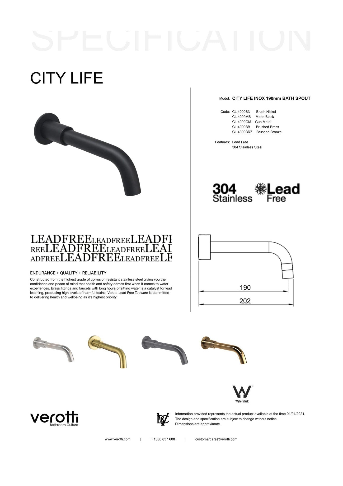 City Life Inox 190mm Bath Spout