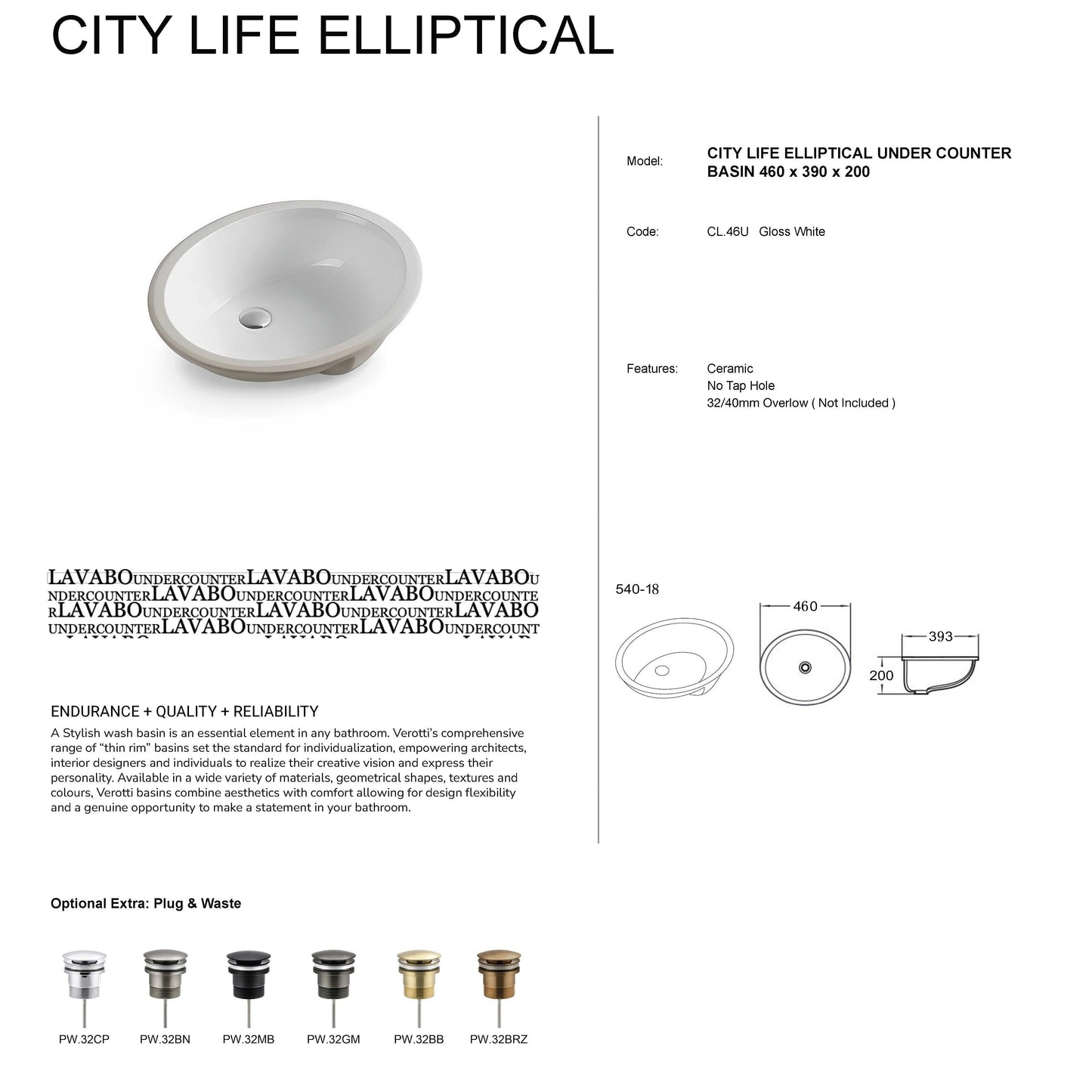 CITY LIFE ELLIPTICAL UNDER COUNTER BASIN (460, 390, 190)