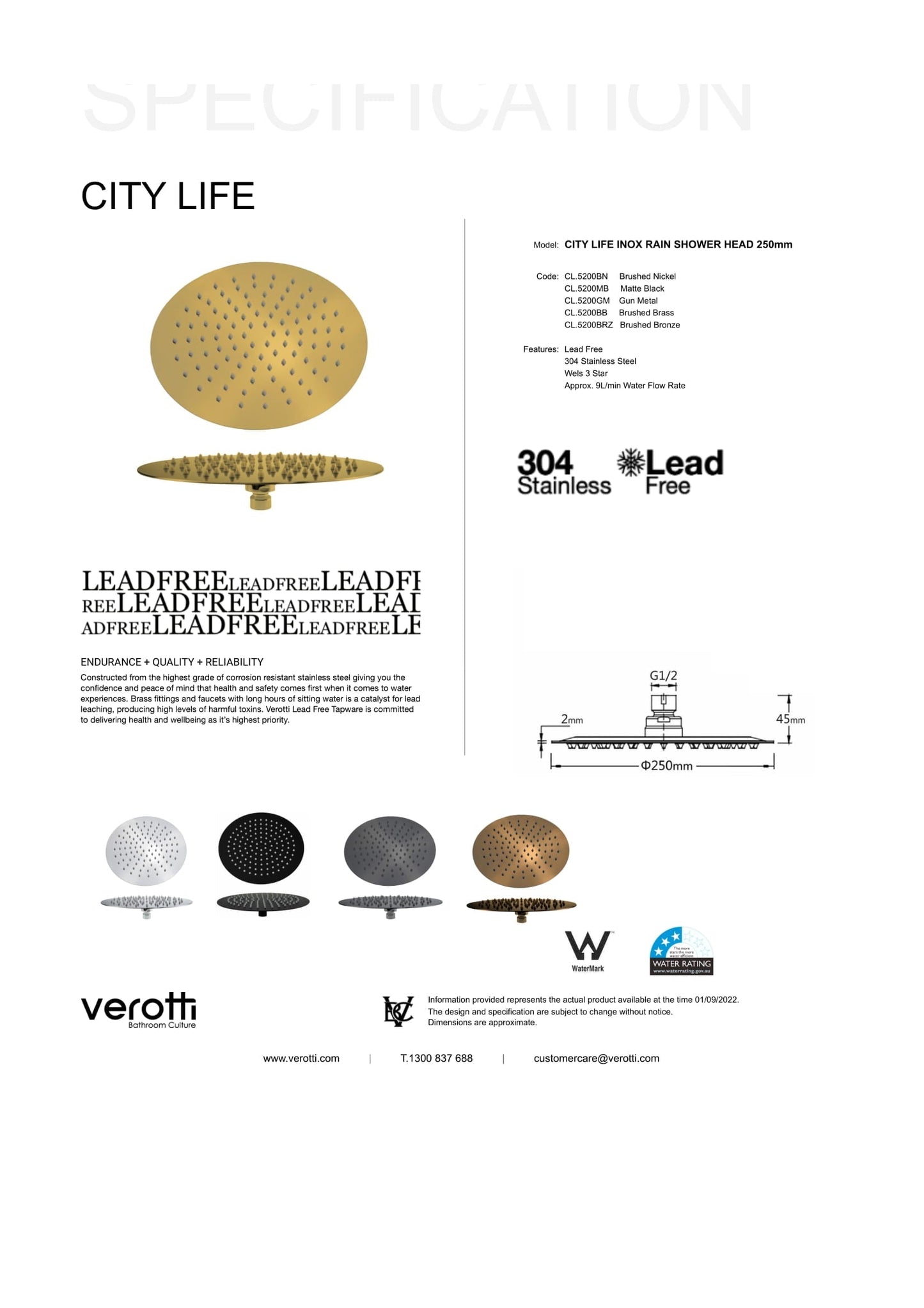 City Life Inox 250mm Rainshower Head