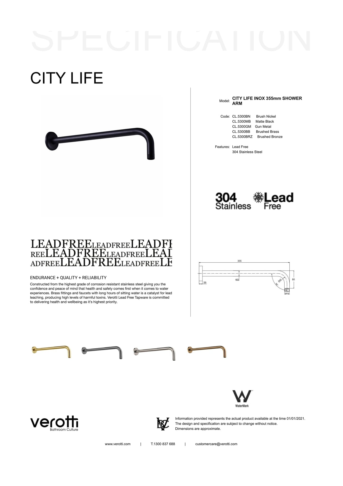 City Life Inox 355mm Wall Mounted Shower Arm