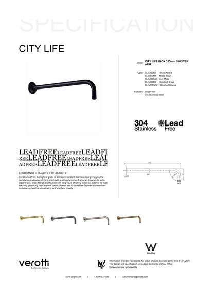 City Life Inox 355mm Wall Mounted Shower Arm