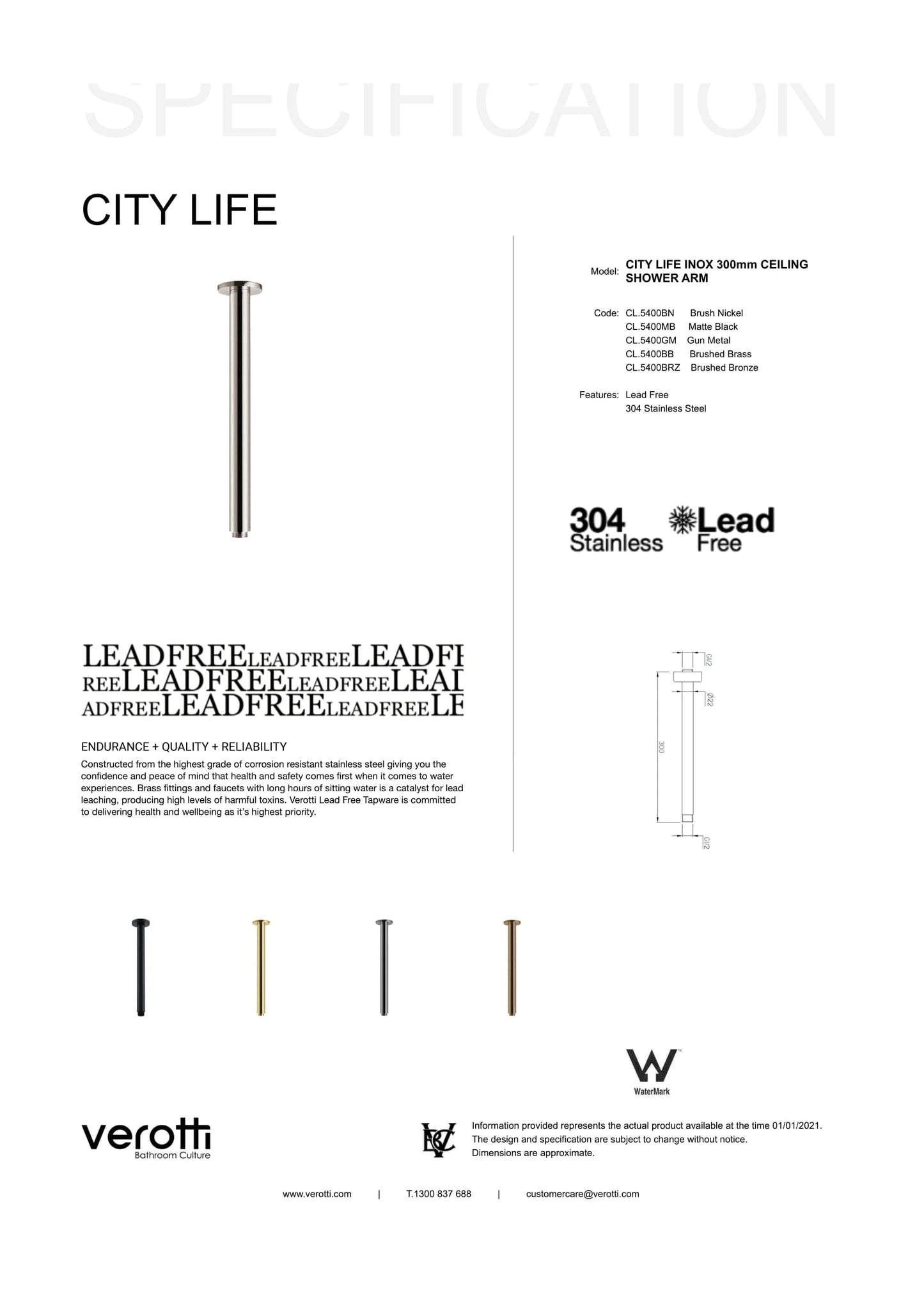 City Life Inox 300mm Ceiling Shower Arm