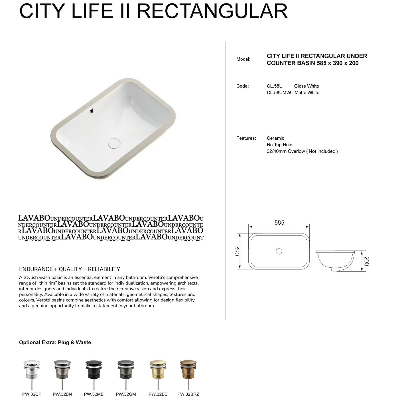 CITY LIFE II RECTANGULAR UNDER COUNTER BASIN (585, 390, 200) - Gloss White