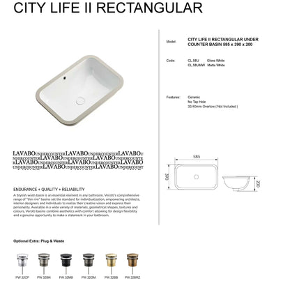 CITY LIFE II RECTANGULAR UNDER COUNTER BASIN (585, 390, 200) - Gloss White