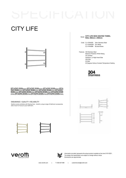 City Life Inox Heated Towel Rail 450mm x 500mm