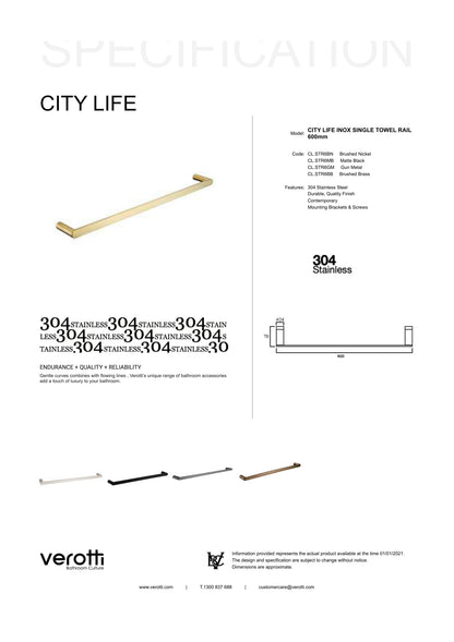 City Life Inox 600mm Single Towel Rail