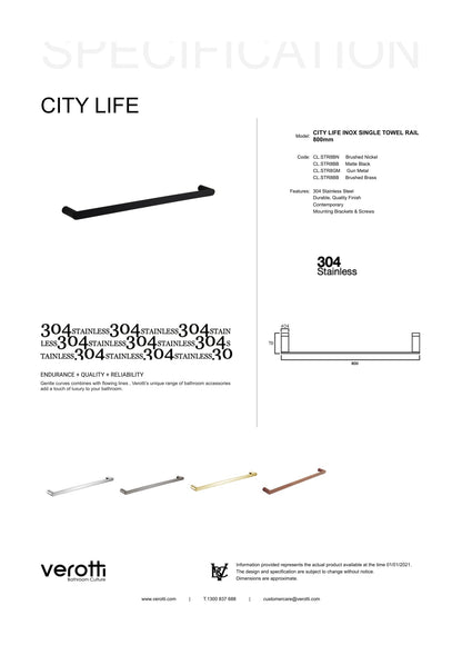 City Life Inox 800mm Single Towel Rail