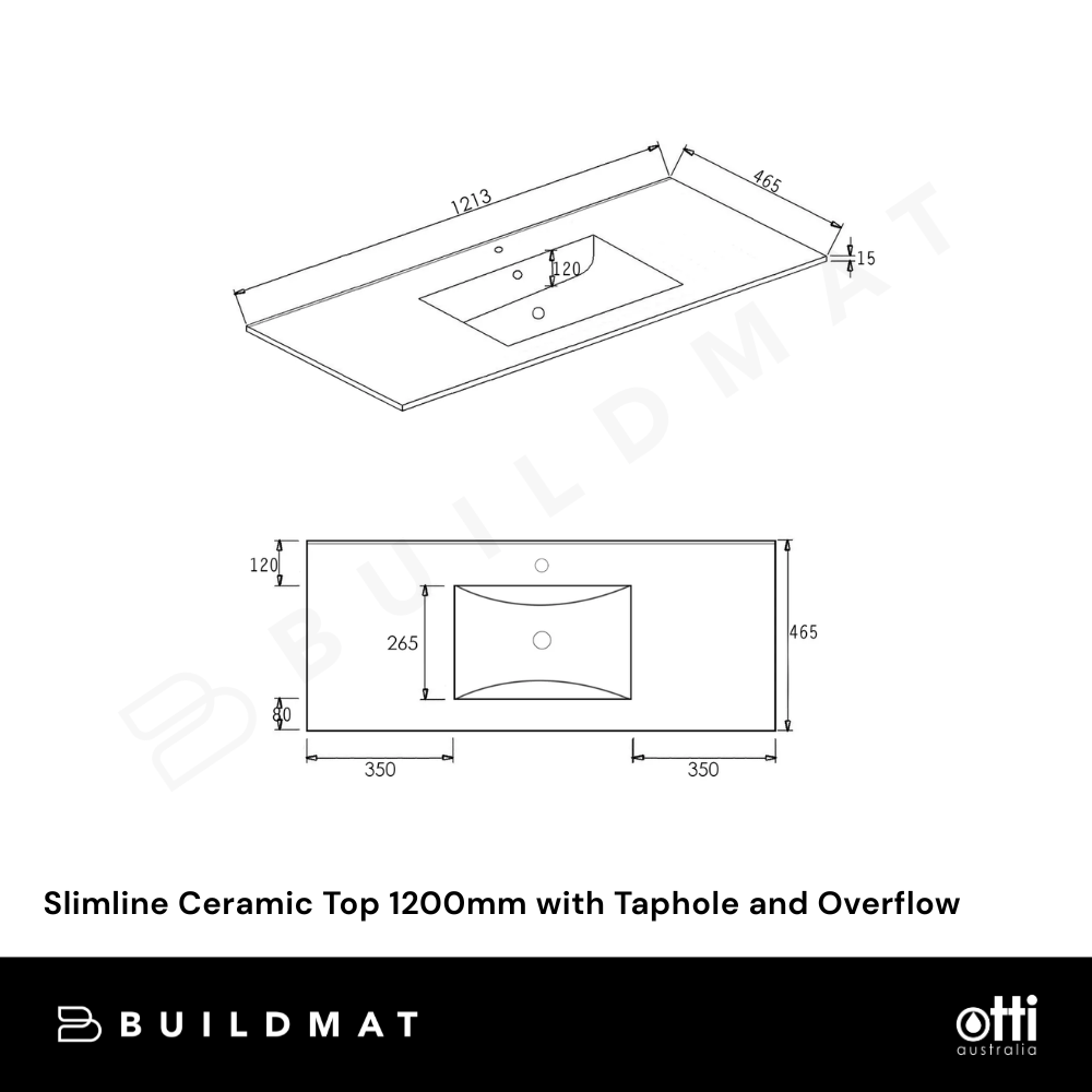 Otti Slimline Ceramic Top 1200mm with Taphole and Overflow