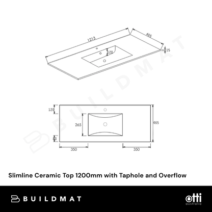 Otti Slimline Ceramic Top 1200mm with Taphole and Overflow