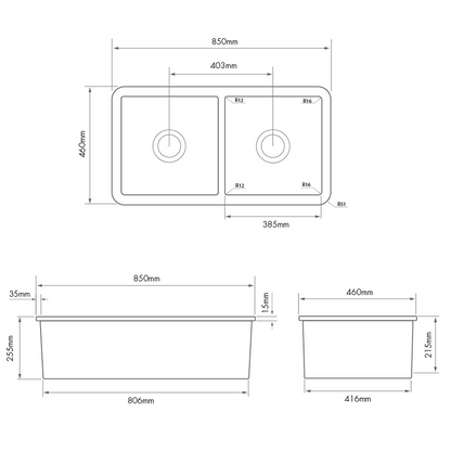 Turner Hastings Cuisine 85 x 46 Double Bowl Inset or Undermount Fireclay Sink