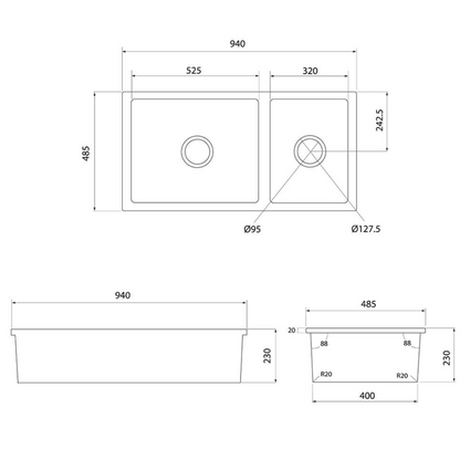 Turner Hastings Cuisine 1 & 1/2 Bowl Inset/Undermount Fine Fireclay Sink No Overflow