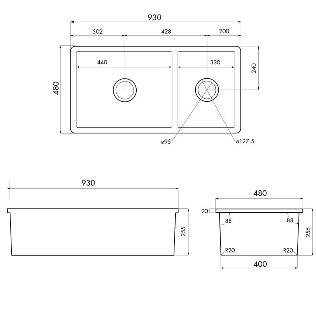 Turner Hastings Cuisine 93 x 48 1 & 1/2 Bowl Inset/Undermount Fireclay Sink