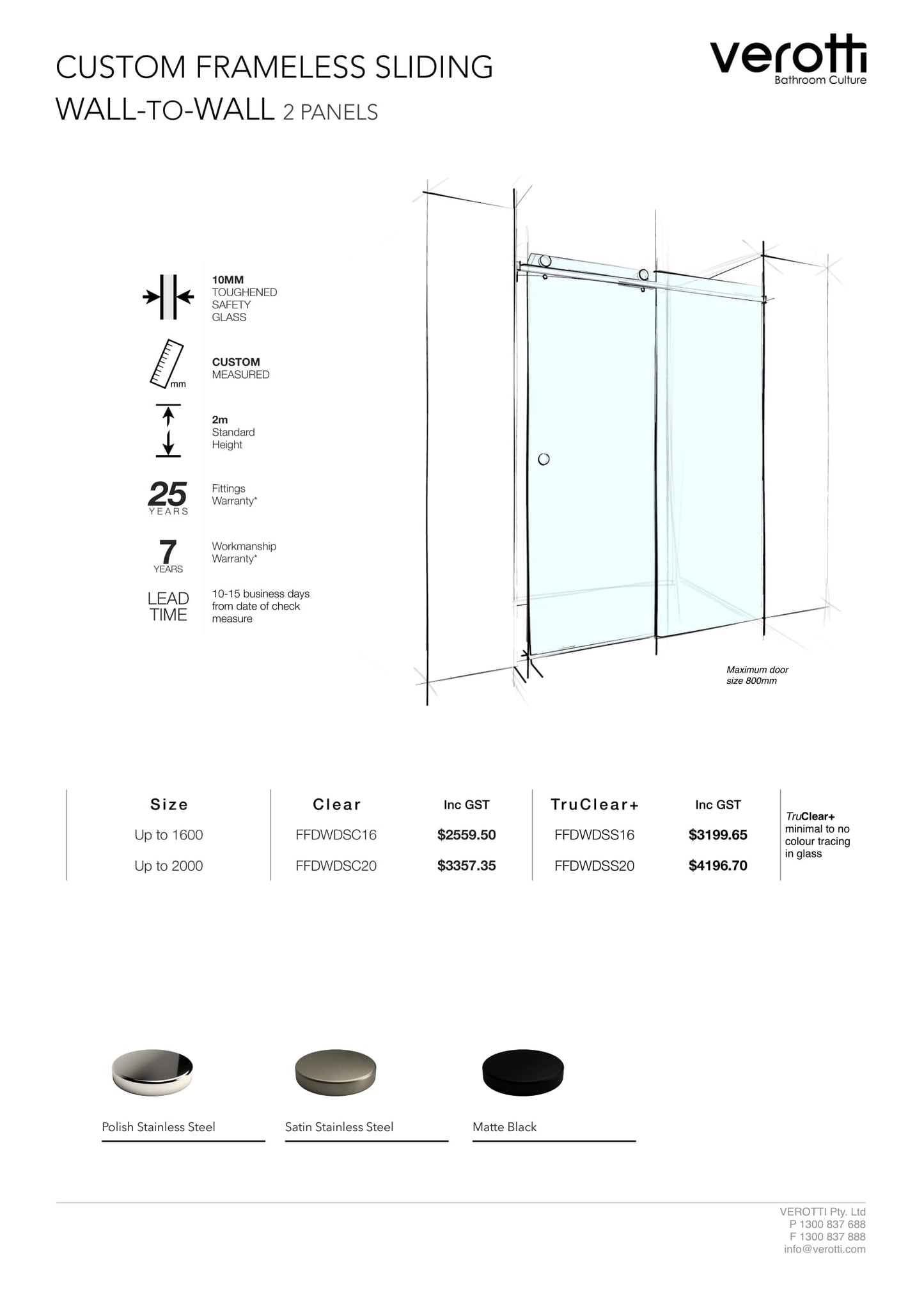 Custom Frameless Sliding Wall-To-Wall (2 Panels) - Up to 1600 / Bronze / Concealed Channel