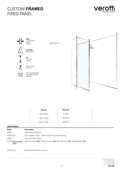 Custom Framed Fixed Panel - Up to 1200 / Clear