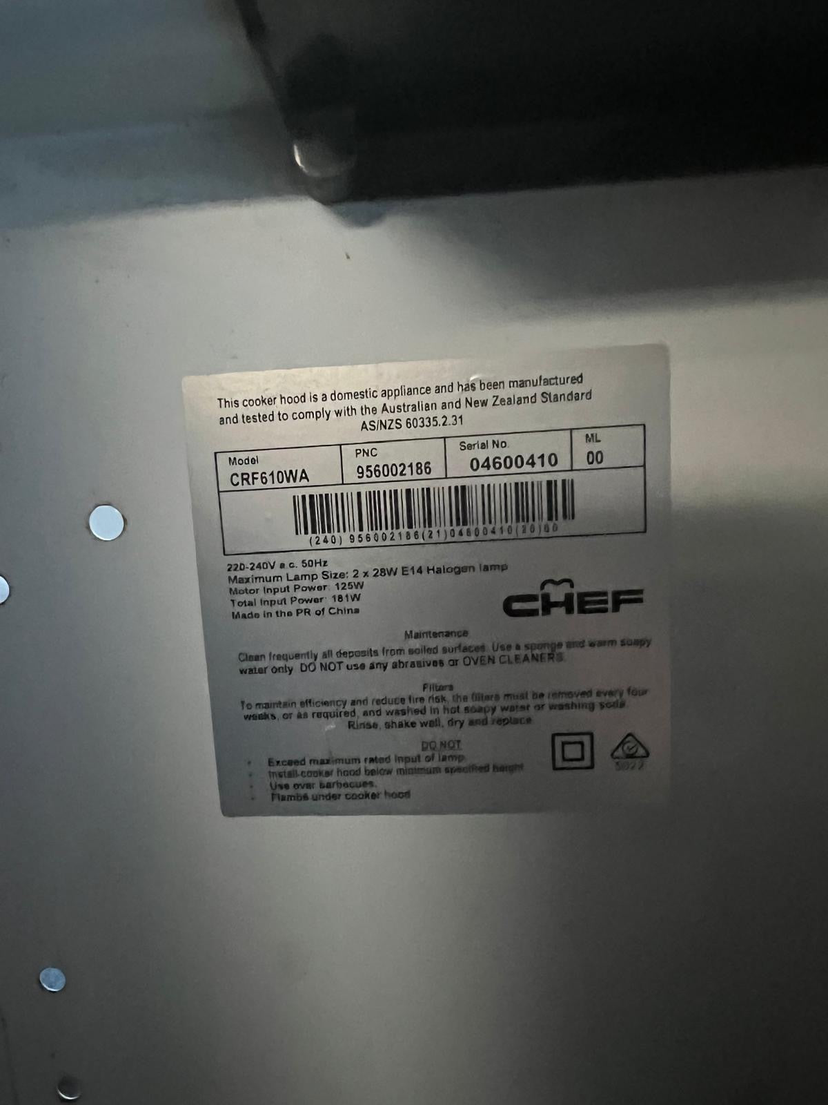 CHEF CRF610WA 60CM WHITE FIXED RANGEHOOD– Tested & Approved | Reno Spares