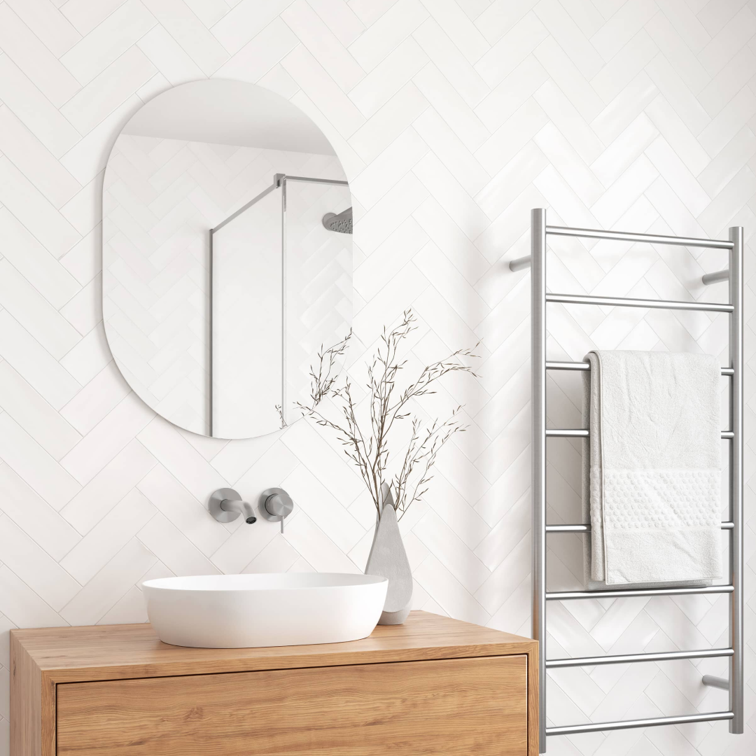 Thermogroup Pill Shape Polished Edge Glue-to-Wall Mirror Includes Demister