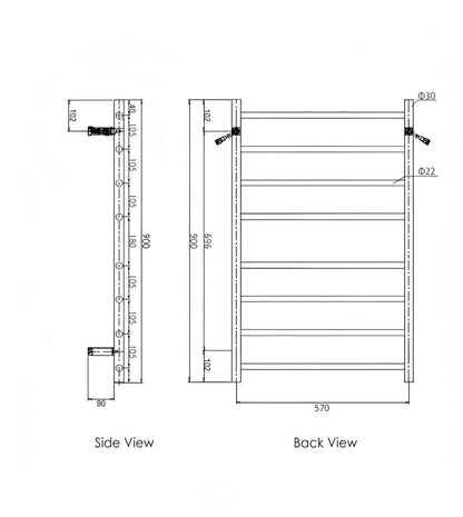 INSPIRE HEATED TOWEL RAIL 8 BAR ROUND CHROME 912MM