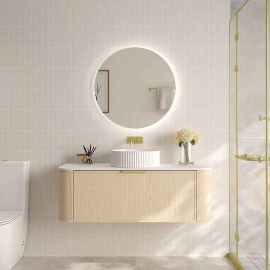 Elva 1200mm Wall-Hung Cabinet - Natural Oak - 1200mm / Brushed Brass / Natural Oak Cabinet & White Stone Top