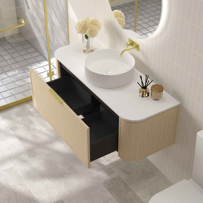 Elva 1200mm Wall-Hung Cabinet - Natural Oak - 1200mm / Brushed Brass / Natural Oak Cabinet & White Stone Top