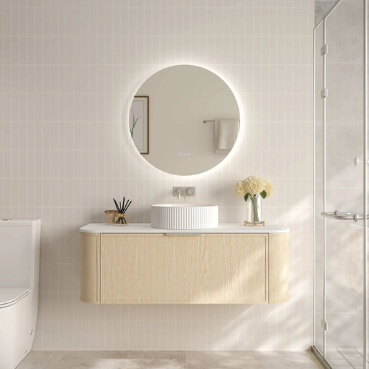 Elva 1200mm Wall-Hung Cabinet - Natural Oak - 1200mm / Brushed Nickel / Natural Oak Cabinet & White Stone Top