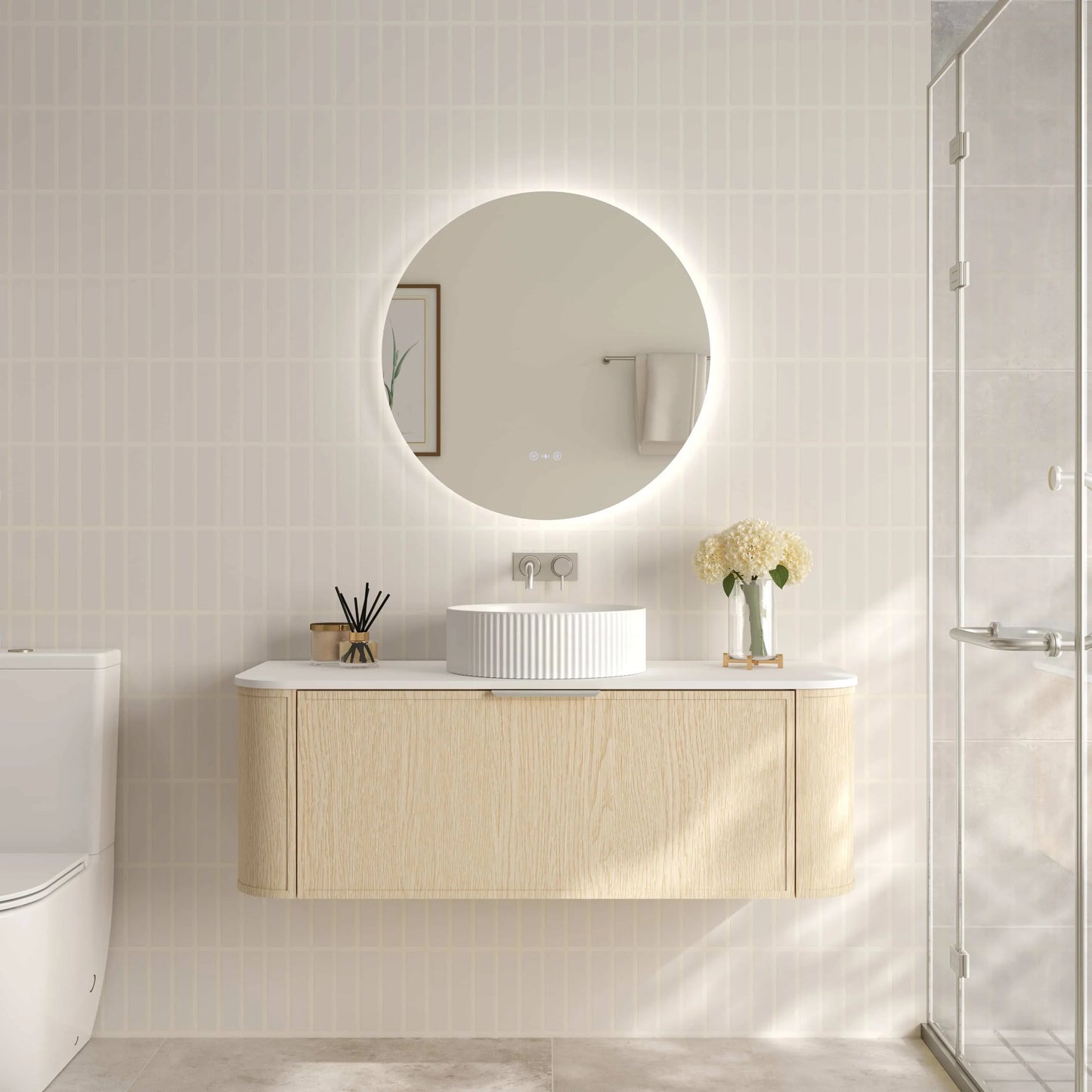 Elva 1200mm Wall-Hung Cabinet - Natural Oak - 1200mm / Brushed Brass / Natural Oak Cabinet & White Stone Top