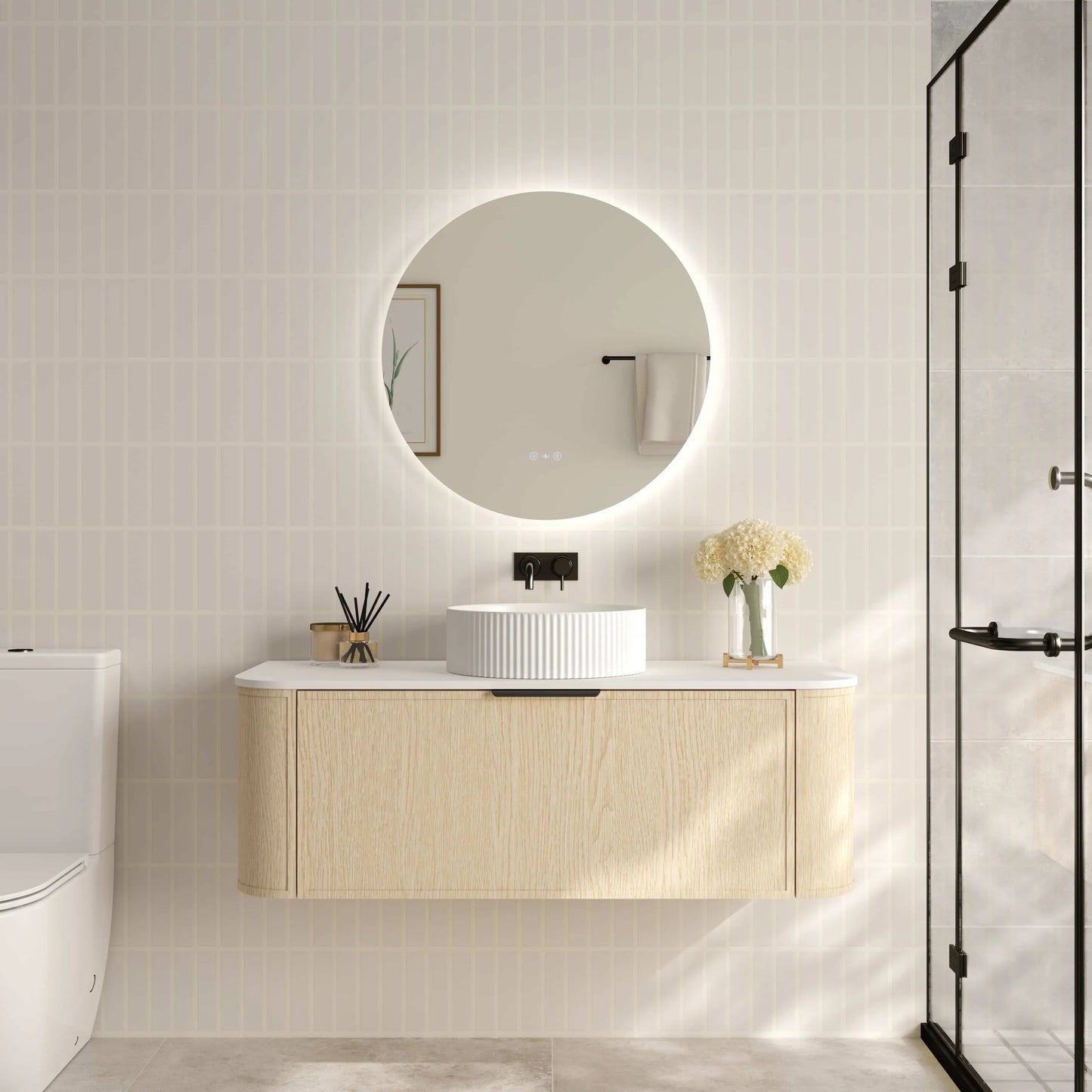 Elva 1200mm Wall-Hung Cabinet - Natural Oak - 1200mm / Brushed Brass / Natural Oak Cabinet & White Stone Top