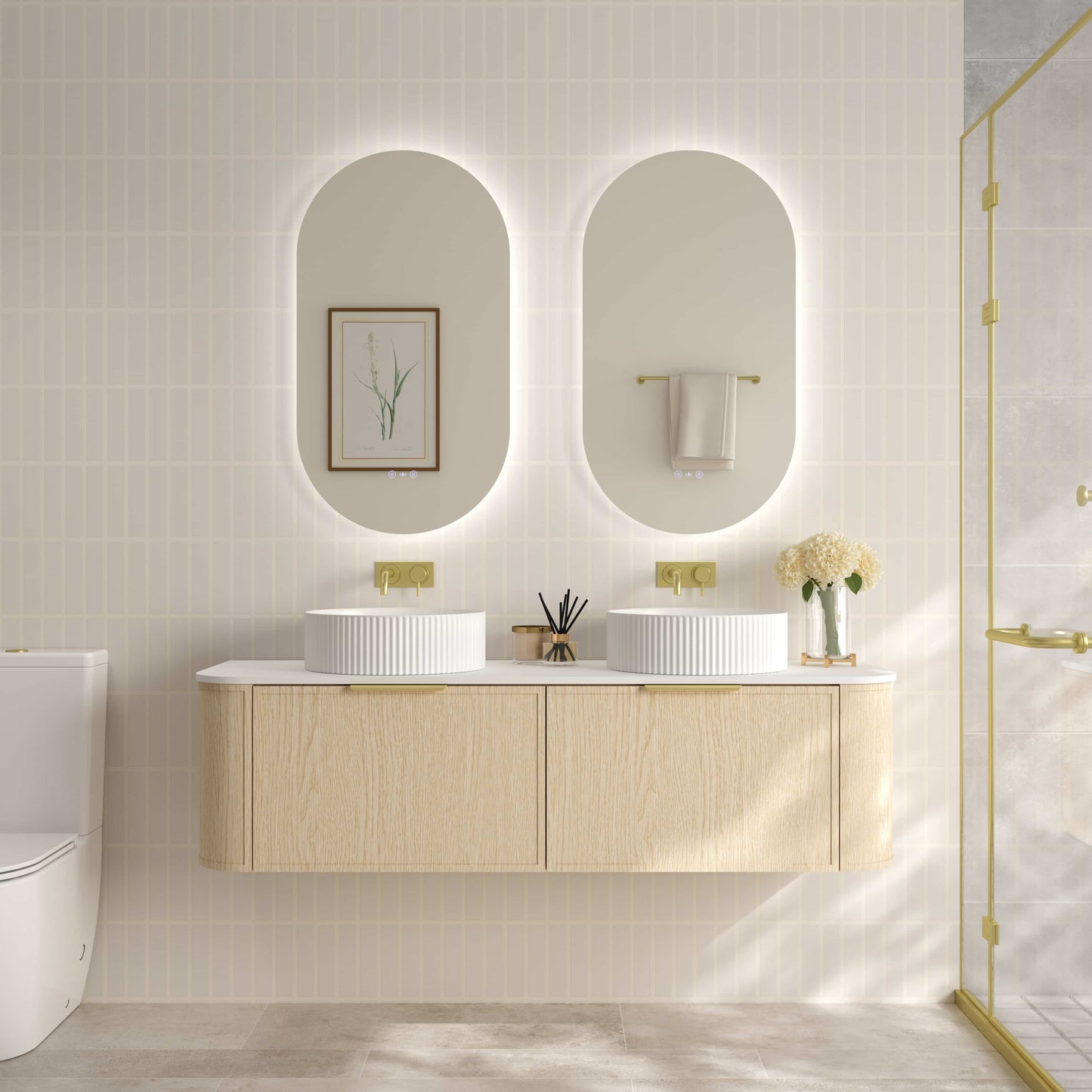 Elva 1500mm Wall-Hung Cabinet - Natural Oak - 1500mm / Brushed Nickel / Cabinet & White Stone Top