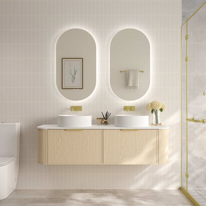 Elva 1500mm Wall-Hung Cabinet - Natural Oak - 1500mm / Brushed Brass / Cabinet & White Stone Top