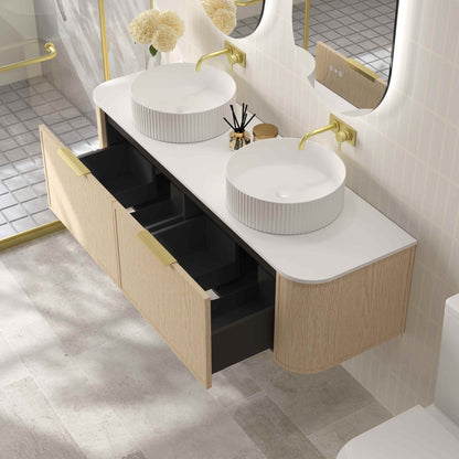 Elva 1500mm Wall-Hung Cabinet - Natural Oak - 1500mm / Brushed Brass / Cabinet & White Stone Top