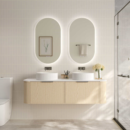 Elva 1500mm Wall-Hung Cabinet - Natural Oak - 1500mm / Brushed Nickel / Cabinet & White Stone Top